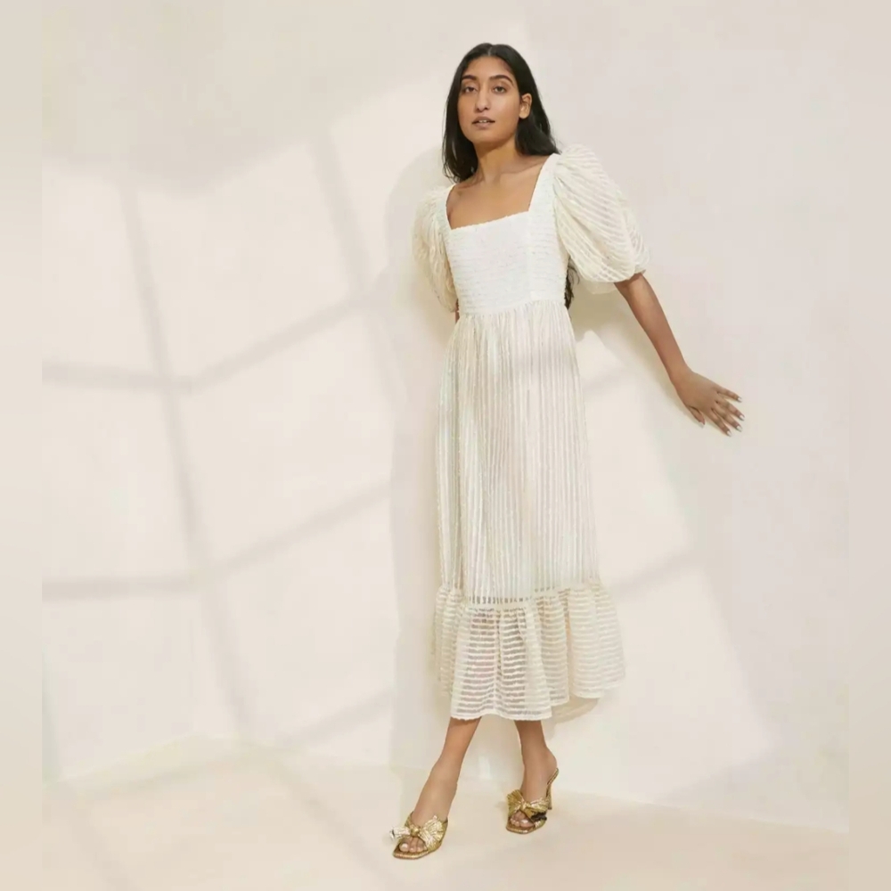 Loeffler Randall Addison Cream Stripe Puff-Sleeve Dress